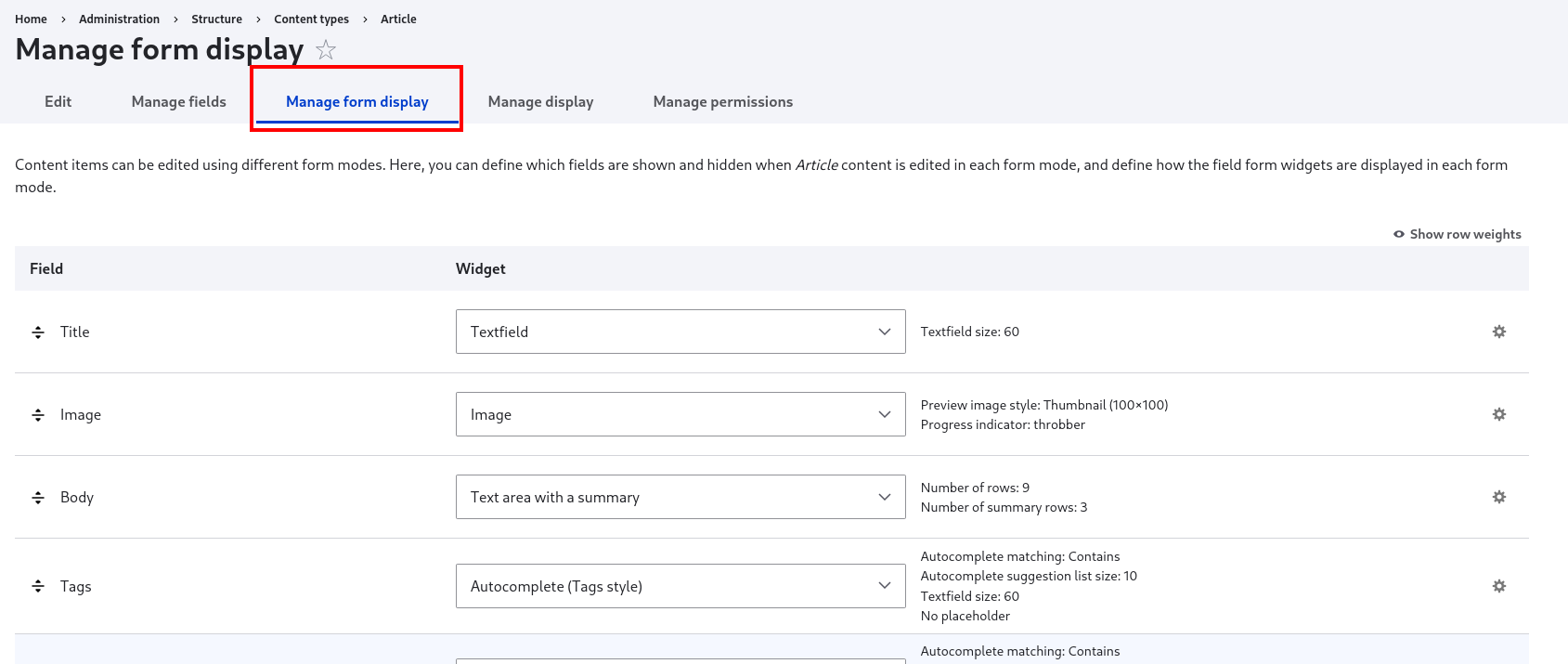 Manage form display screen